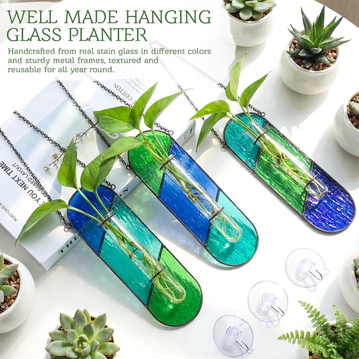 Hushee 3 Pcs Stained Glass Plant Propagation Station Hanging Window Propagation Station Planters with Glass Tubes Hydroponic Planter Terrarium Holder Window Decor for Indoor Home Garden Decor