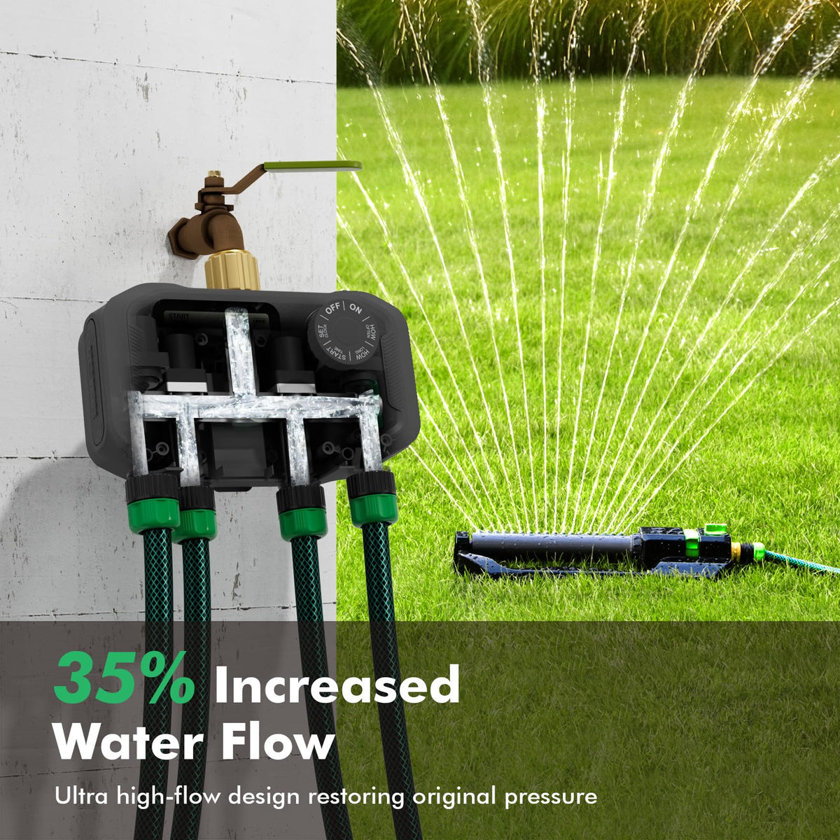 RESTMO Sprinkler Timer for Outdoor Hose Faucet 4 Zone, Up to 11h59m Programmable Watering Timer for Soaker Hose, Misting with Brass Inlet & Large Dial, Rain Delay/Manual/Automatic Irrigation System