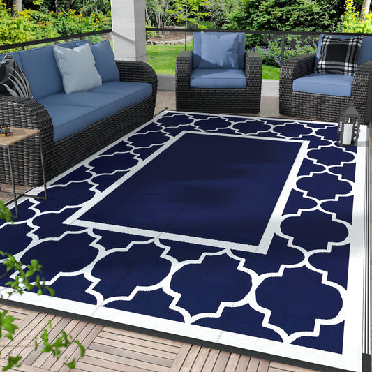 GENIMO Outdoor Rug 4'x6' 9'x12' for Patio, Reversible Plastic Waterproof RV Rugs, Clearance Mat, Porch, Camping, Picnic, Deck, Camper, Balcony, Blue & White