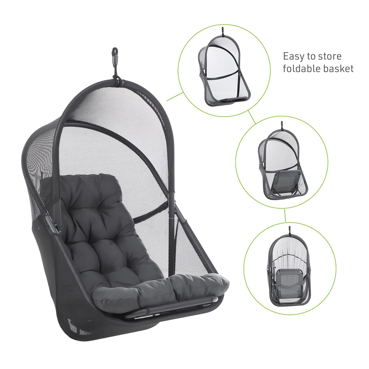 Greemotion Breeze Outdoor Foldable Mesh Fabric Hanging Chair Swing Hammock Egg Chairs UV Resistant with Base, 220 lbs Capacity for Patio Backyard, Balcony, Garden, Dark Gray