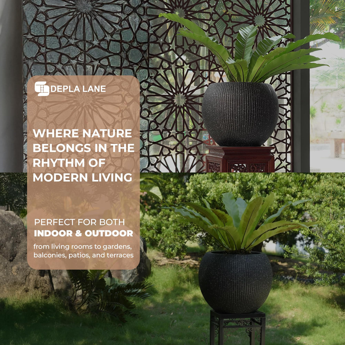 DEPLA LANE Marlo Fiberstone Round Planter (8.5" Pot Opening x 12..6"D x 9.8"H) Ribbed Finishes, Lightweight, Durable, UV Resistant, Modern Minimalist Home Decor, Indoor Outdoor Pot (S, Ribbed Black)