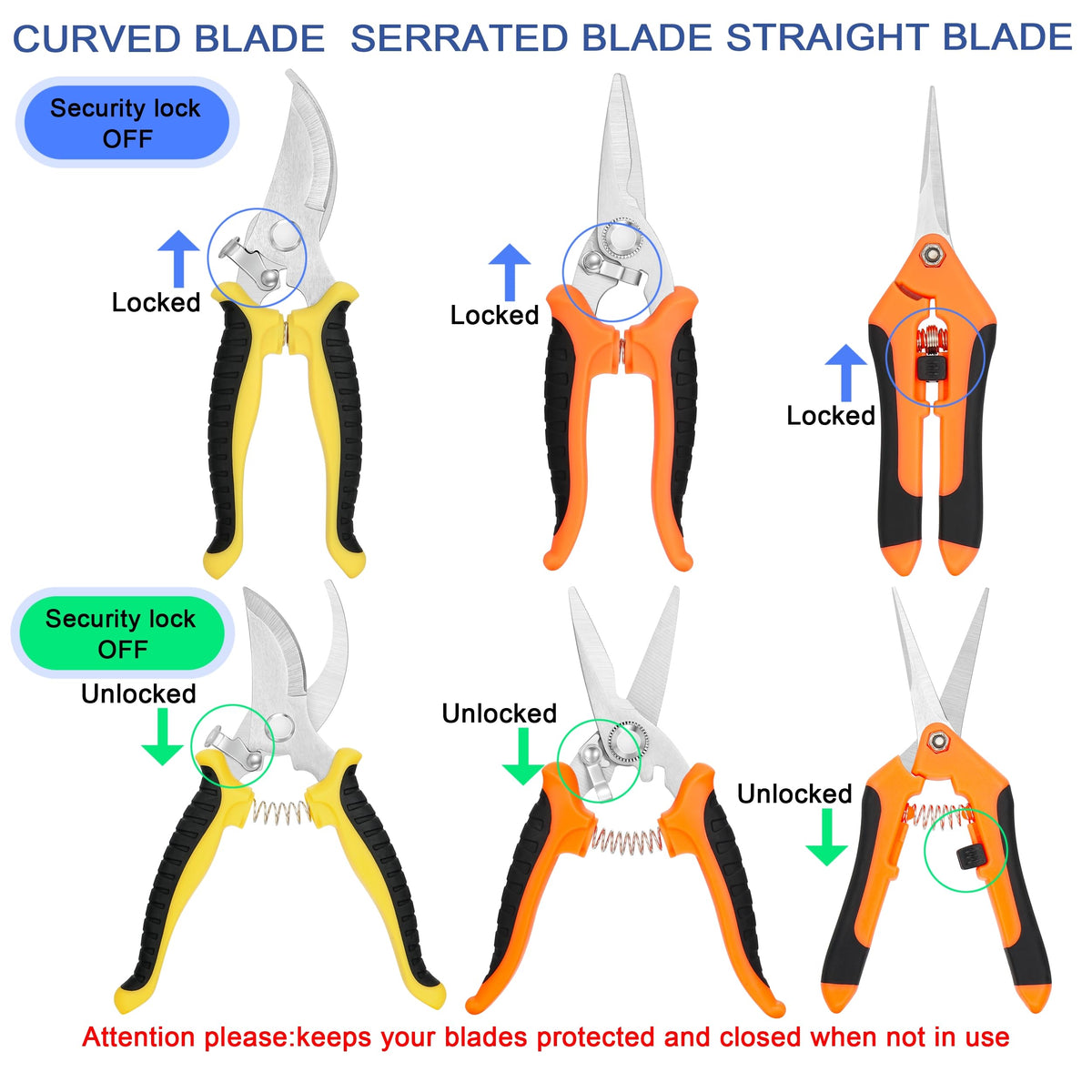 3-pack Garden Pruning Shears Set with Stainless Steel Blades, Bypass Pruners, Handheld Secateurs, Tree Trimmers, & Scissors Whetstone,a Clean Brush and a Hard Case, Ideal for trimming, pruning