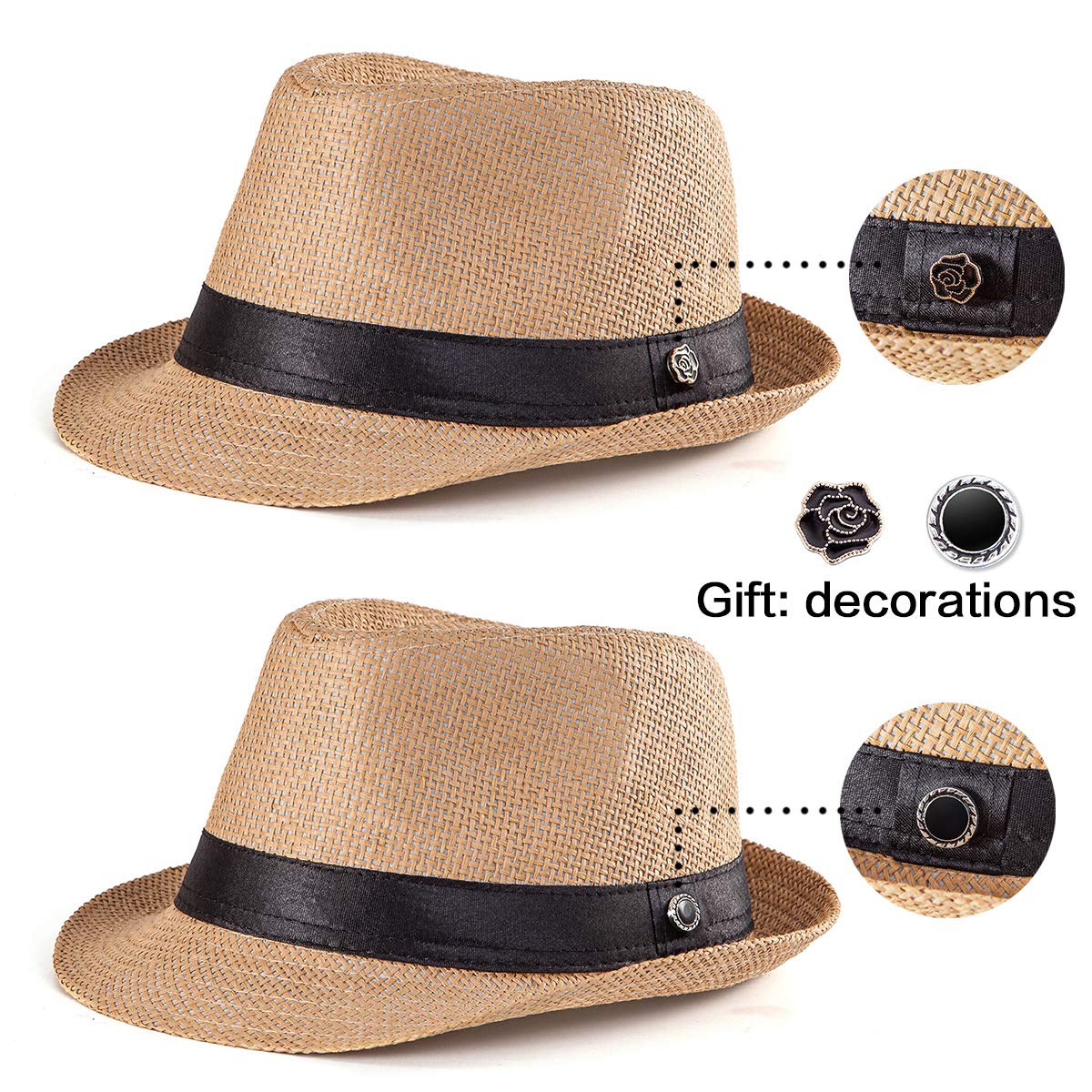 Straw Hat for Women Men - Summer Khaki Fedora Hat with Band Sun Hat for Travel