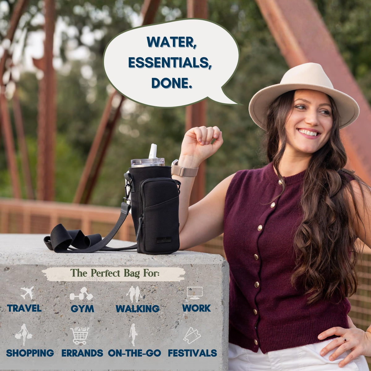 SOLLY AND RUE Water Bottle Sling Bag Crossbody Water Bottle Holder with Strap & Phone Pocket Insulated Carrier for Stanley & Hydro Flask up to 40oz Travel & Walking Companion