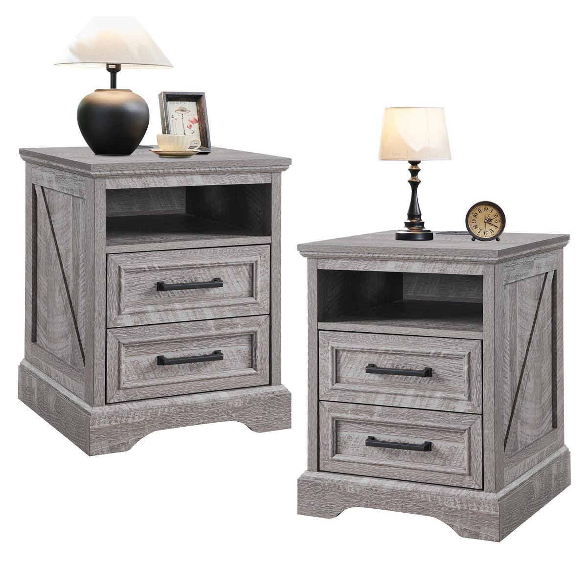 ACCOHOHO 18" Farmhouse Nightstand Set of 2 with Charging Station,End Table with 2 Drawers Storage,Side Table,Bedside Cabinet for Bedroom,Living Room, Grey