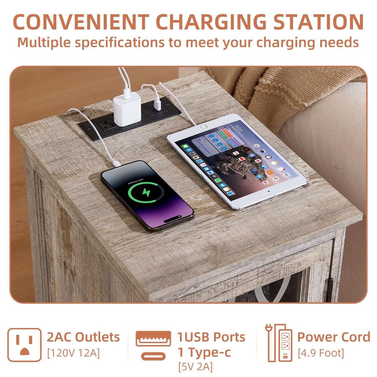 Joaxswe Narrow Side Table with Charging Station Set of 2, Night Stand with Glass Door,Bedside End Tables with Adjustable Shelf Storage Cabinet,Wood Nightstand for Small Spaces Living Room Bedroom