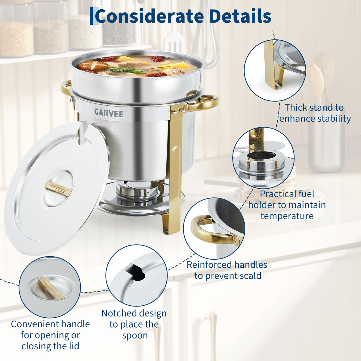 GarveeHome 7QT Round Soup Chafer Sets of 4, Commercial Soup Warmer with Pot, Notched Lids & Fuel Holders, Stainless Steel Food Warmer for Buffets Parties Wedding Banquets Catering, Gold