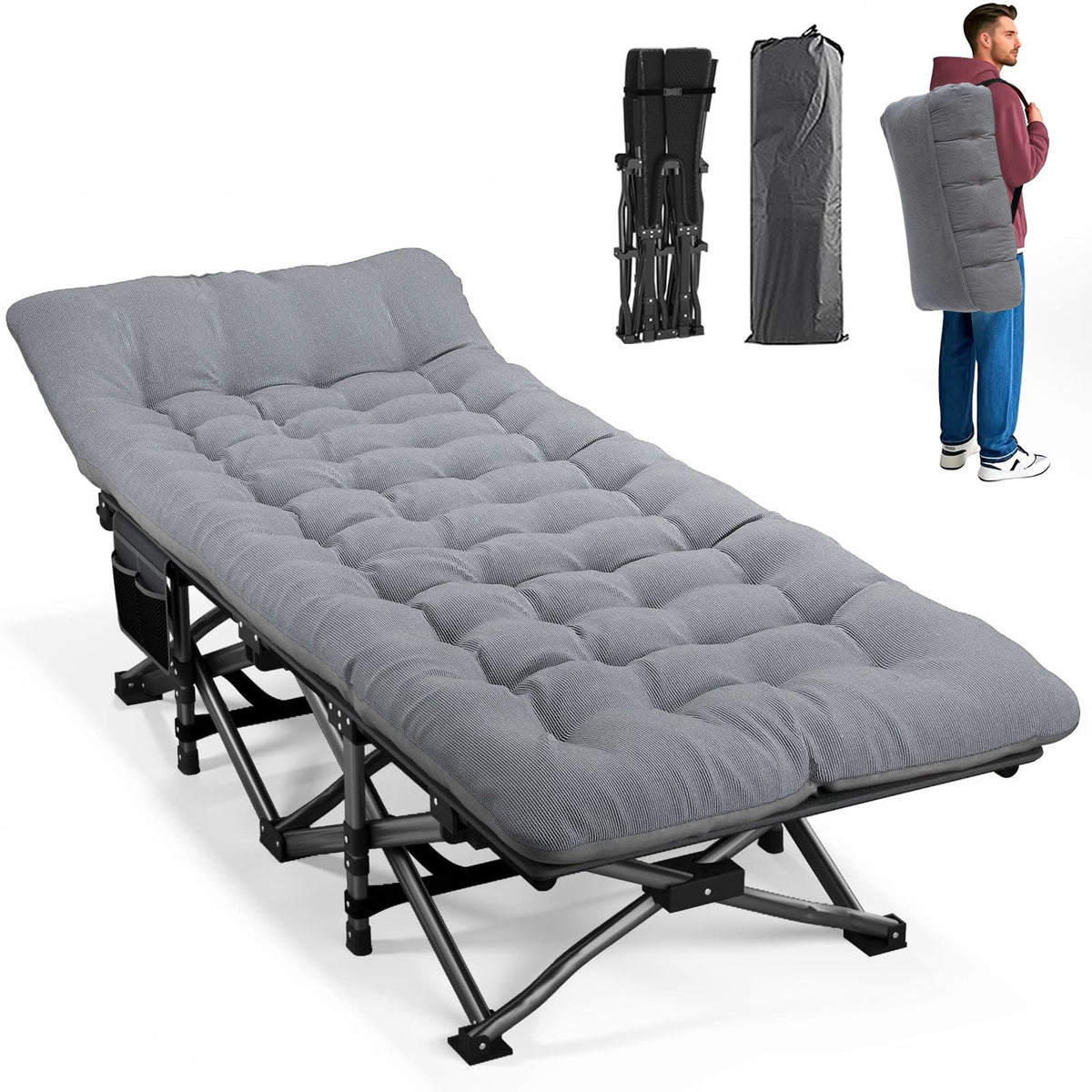 ATORPOK Camping Cot for Adults with Cushion Comfortable, Portable Folding Bed for Sleeping Supports 450 lbs (Gray)