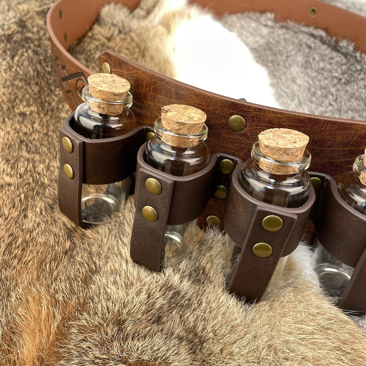 EpicCos 3 PCs Medieval Alchemy Belt Waist Pack Combo with Multiple Potion Bottles, Viking Rivet Belt Side Pouch for Cosplay (Brown C)