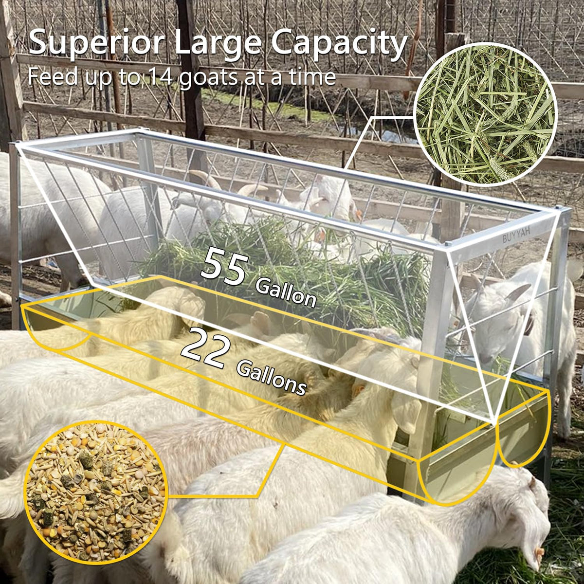 BUYYAH Stainless Steel Pasture Feeder, 5-Feet, 77 Gallon Capacity Livestock Feeder with Deeper Feeding Pan, Easy to Assemble and Carry, Feeding Goats, Sheep and Ponies, for Farms, Sheep Sheds