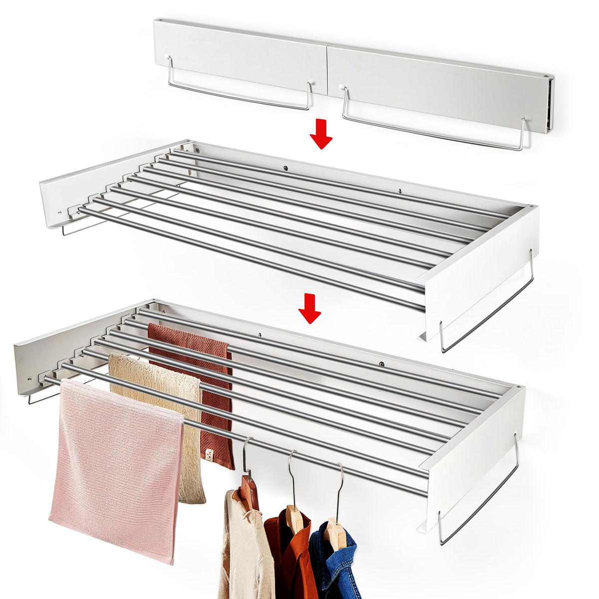 Heshecein Wall Mounted Drying Rack,Collapsible Drying Racks for Laundry,7 Stainless Steel Rods,Folding Indoor/Outdoor Drying Rack Clothing,Collapsible Laundry Drying Rack,47” Wide