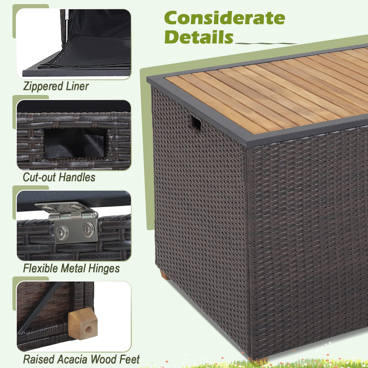 Tangkula 134 Gallon Outdoor Storage Box, Wicker Patio Deck Box with Solid Acacia Wood and Waterproof Zippered Liner, Outdoor Storage Container for Cushions, and Garden Tools (Mix Brown)