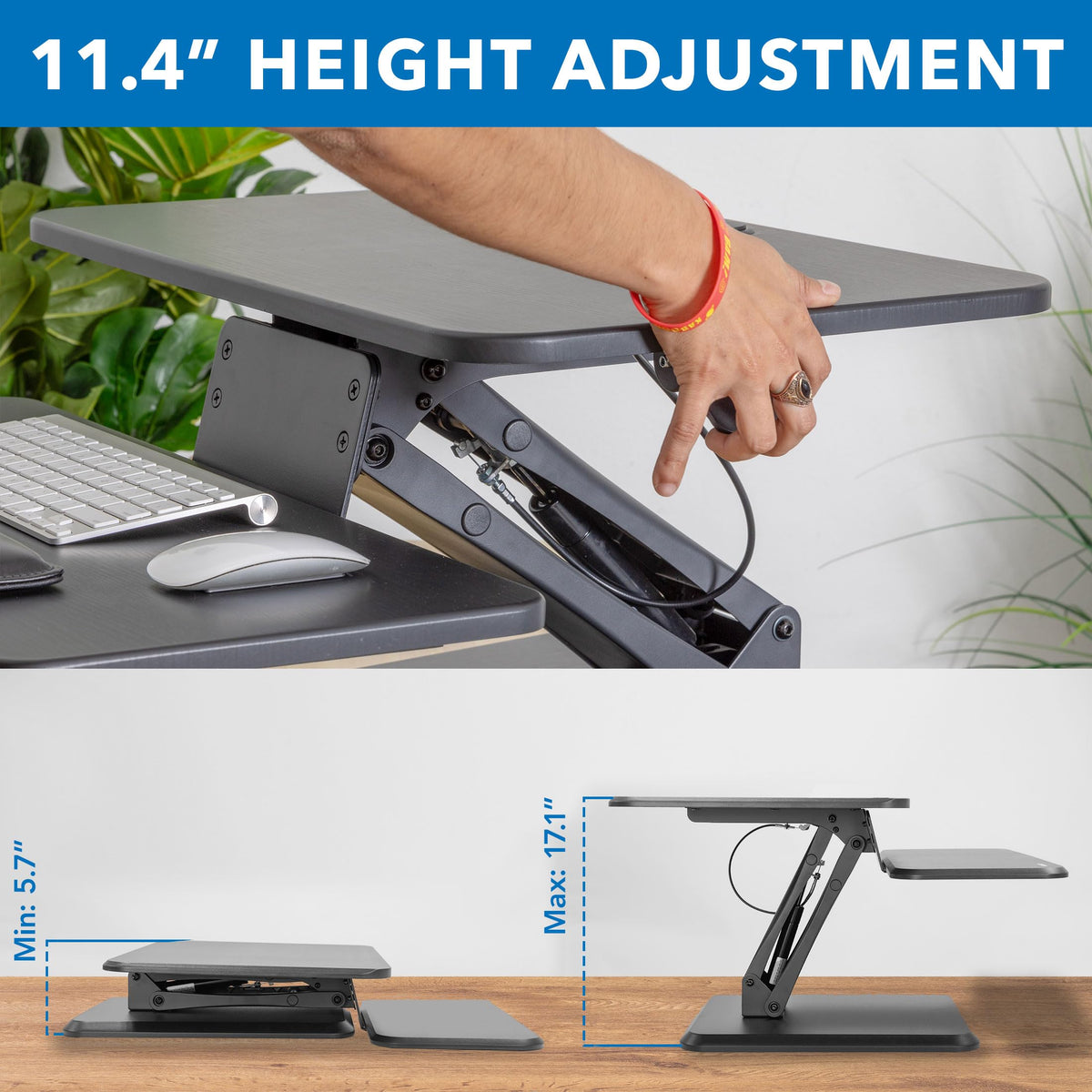 Mount-It! Compact Standing Desk Riser, Height Adjustable Desktop Sit Stand Workstation with Gas Spring, Tabletop Stand Up Desk with Keyboard Tray, Black