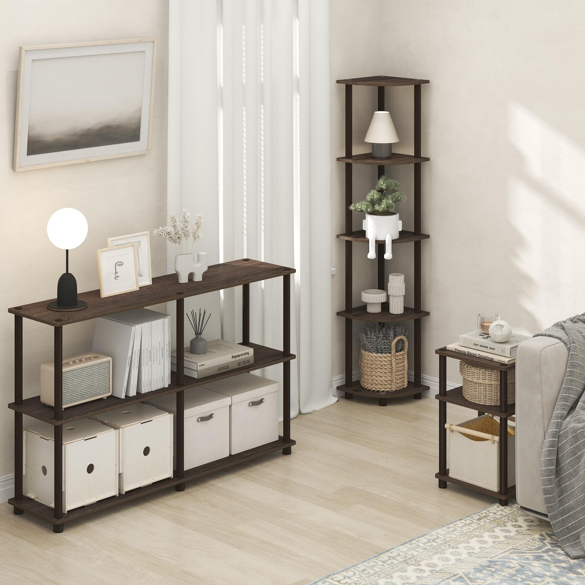 Furinno Turn-N-Tube Corner Shelf, 5-Tier Corner Bookshelf, Open Storage Shelves, for Organization and Storage, Living Room, Home Office, Garage, Bedroom, Black Walnut