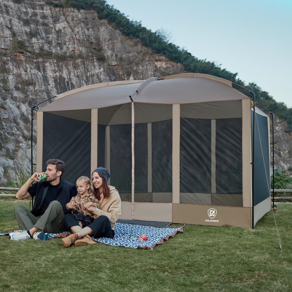 EVER ADVANCED Magnetic Screen House Room 11x9ft, Hands-Free Entry,Screenhouse with Sun Protection for Camping&Picnic, 11x9ftCamping Tent Canopy Shelter with Mesh, Brown