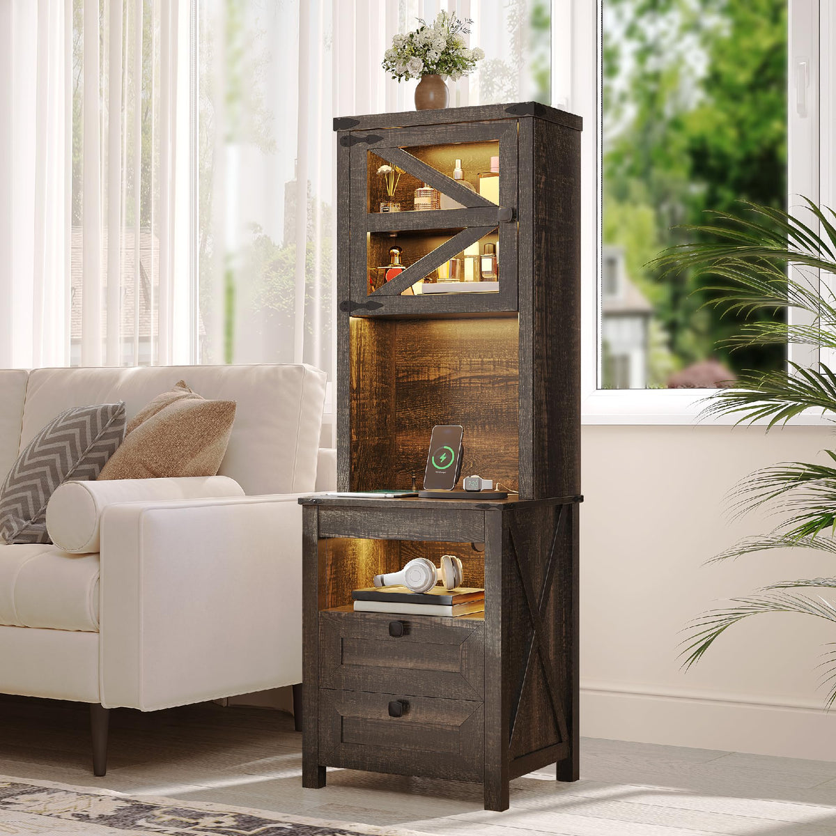 HWB Tall Night Stand with Charging Station and LED Lights, Farmhouse Nightstand with Gun Drawer&Adjustable Shelf, Bedside Table with 3 Drawers for Bedroom, Rustic Brown