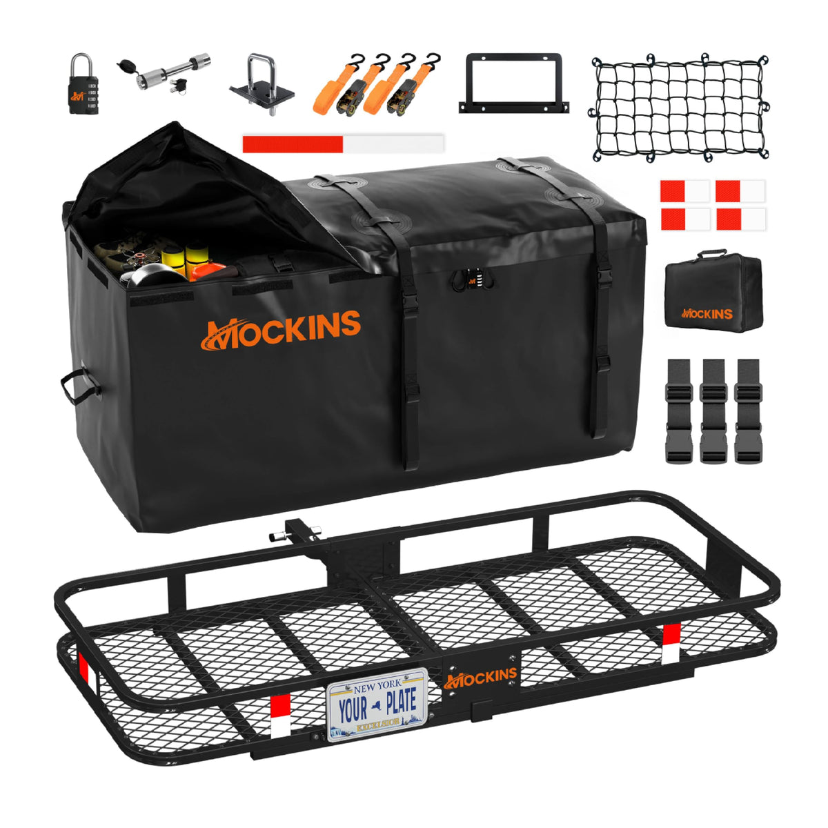 Mockins 60"x24"x6" Heavy Duty Trailer Hitch Cargo Carrier & 25 CuFt Waterproof Cargo Bag for Hitch Carrier | 500 Lbs. Capacity Folding Luggage Rack for SUV Car Truck with Plate Bracket & Accessories
