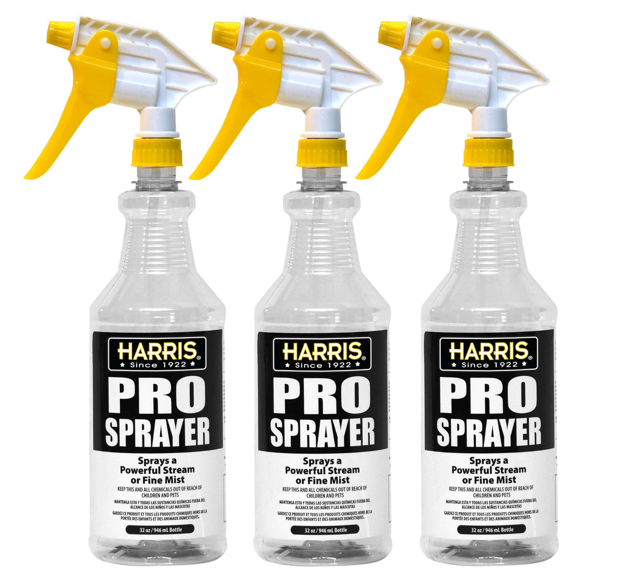 HARRIS Professional Spray Bottle 32oz (3-Pack), All-Purpose for Cleaning and Plants with Clear Finish, Pressurized Sprayer, Adjustable Nozzle and Measurements