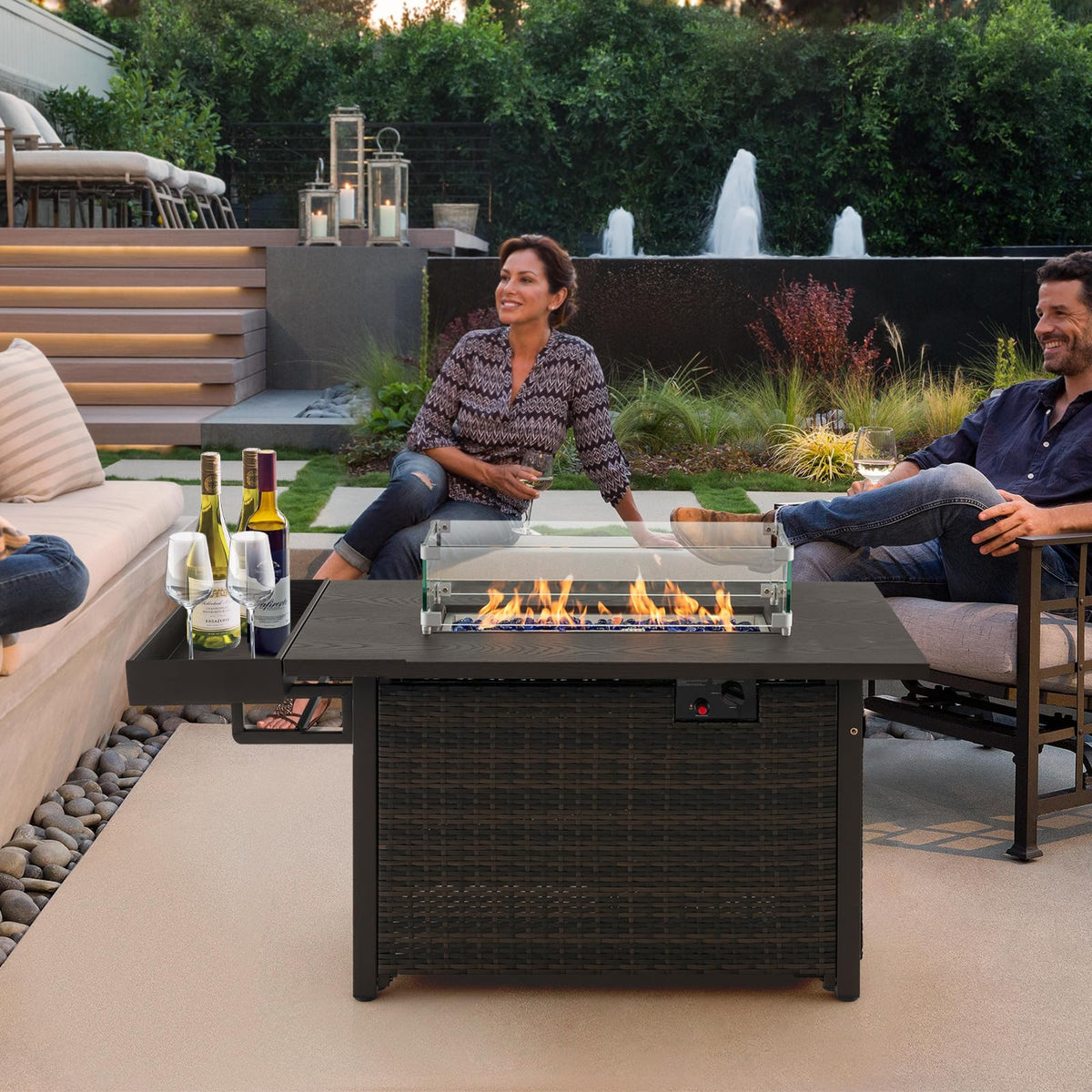 Tangkula Patio Propane Fire Pit Table, 52 Inch Wicker Gas Fire Pit with Wind Guard & Extended Shelf, 50,000 BTU Heat Output, Rectangular Fire Table with Blue Fire Stone & Waterproof Cover (Brown)