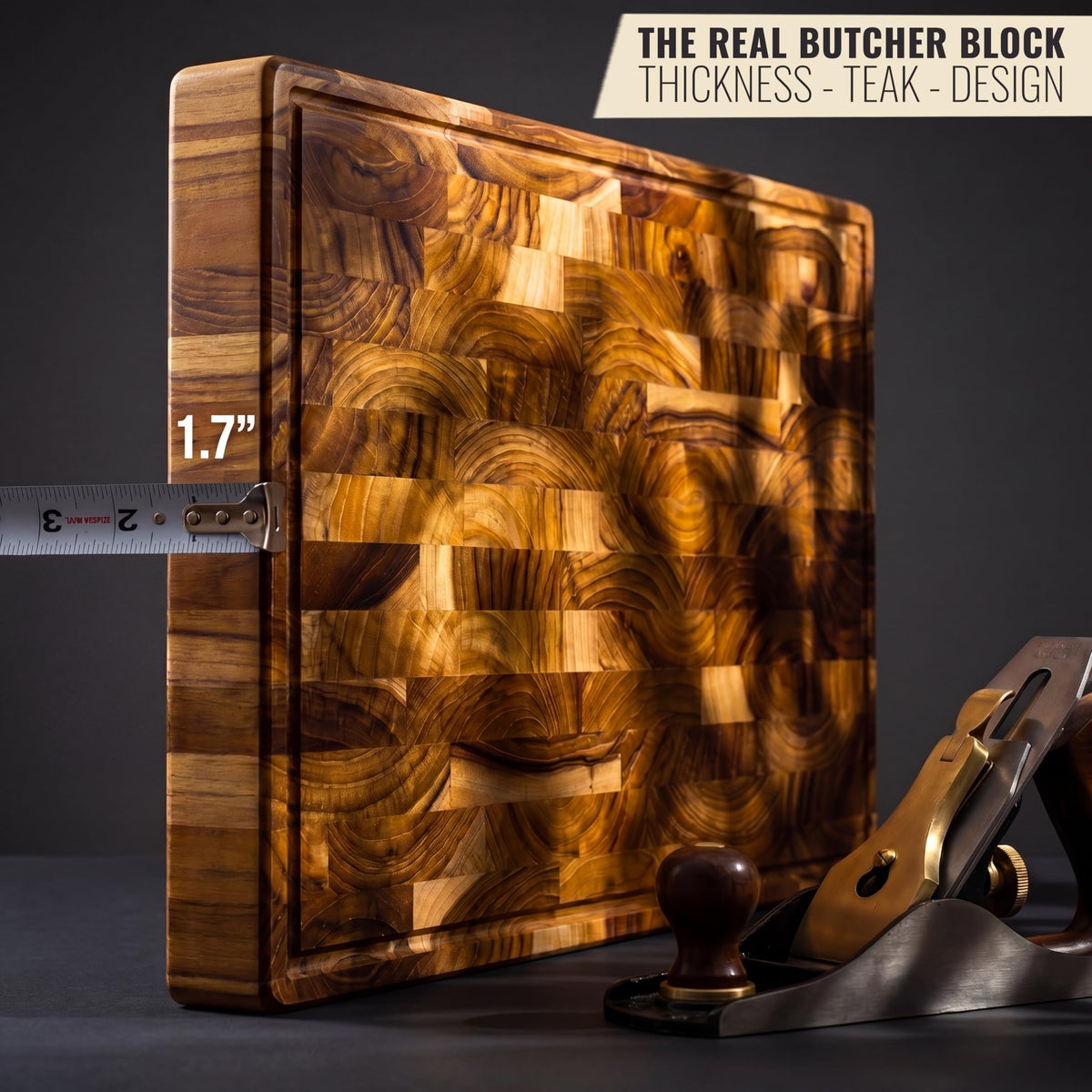 XXL Teak Wood Cutting Board, 24 x 15 Inch (ExtraThick 1.7") Hardwood Butcher Block for Meat, Cheese, Charcuterie Heavy Duty End Grain Non Toxic Wood Chopping Board with Handle (Oil & Plate included)