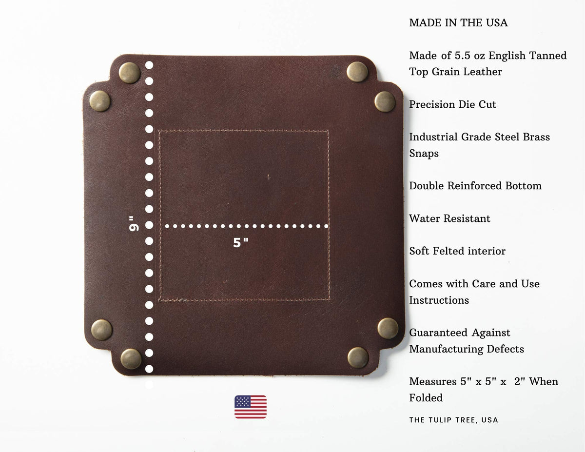 American Made Premium Leather Valet Tray, Folds Flat! Dice Rolling Basket and Organizer with Brass Rivets (Dark Walnut Brown, Medium)