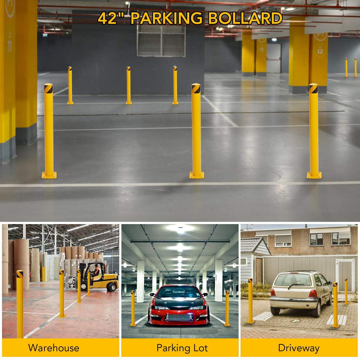 Safety Bollard Post 6 Packs, PeakPursuit 42 Inch Height Steel Bollards, 4.5 Inch Diameter Parking Bollard, Yellow Powder Coated Safety Parking Barrier Post, for Traffic Sensitive Areas