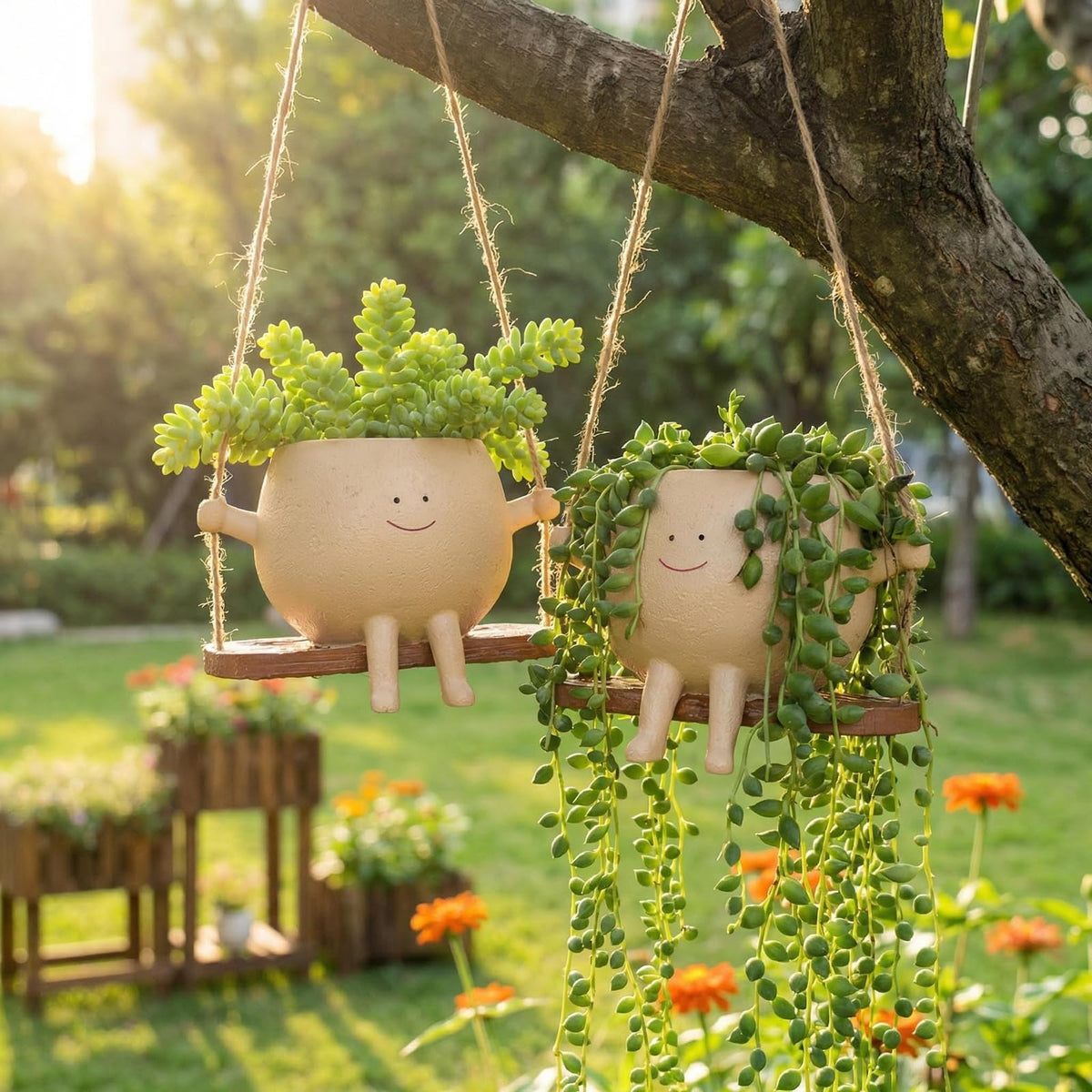 TEARS OF GAIA Hanging Planters for Indoor Plants, Lovely Face Planter Pot Cute Resin Flower Head Planters with Drainage, for Mom, Funny Succulent Plant Lover Gift for Plant Lovers (Small Swing)