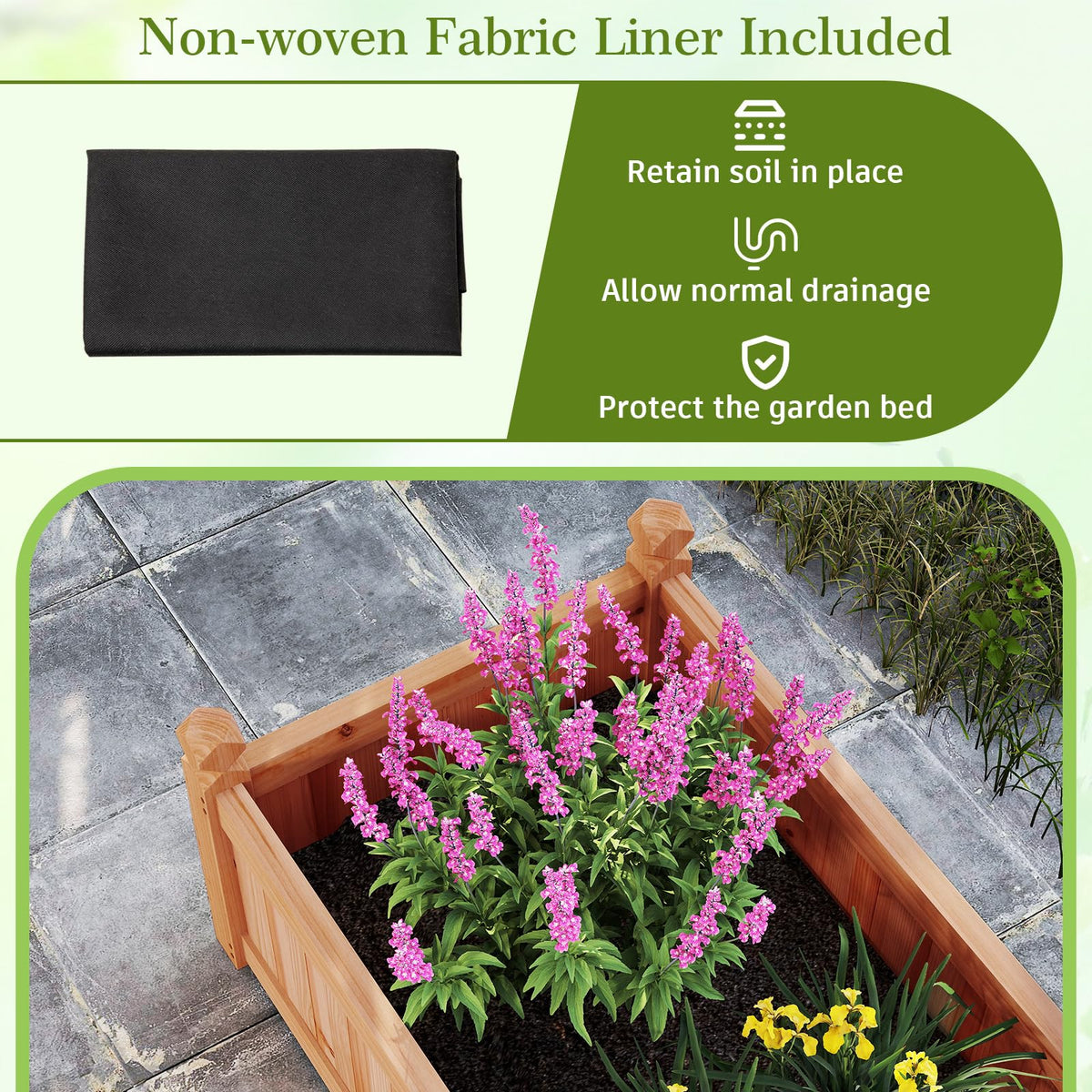 HAPPYGRILL Raised Garden Bed, Wood Elevated Flower Box with 8 Drain Holes, Liner, for Flowers, Vegetables, Herbs, Fruits, Outdoor Planter Box for Backyard, Garden, Lawn, 89" x 23.5" x 16"