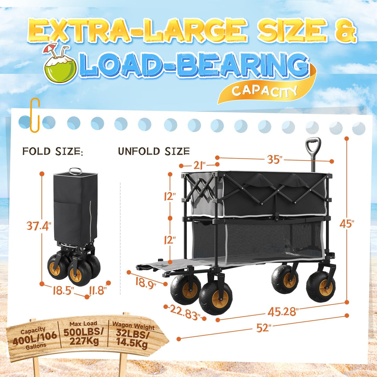 𝐔𝐩𝐠𝐫𝐚𝐝𝐞 Beach Wagon with Big Wheels for Sand, Double-Decker, 9" PVC All-Terrain Wheel, 500 lb Load Capacity, Oversized 400L, for Beach, Camping, Garden & Outdoor Sports (Black)