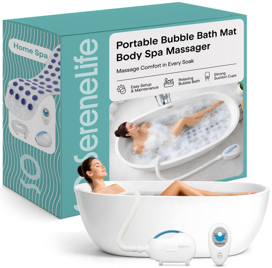 Portable Spa Bubble Bath Massager - Thermal Spa Waterproof Non-slip Mat with Suction Cup Bottom, Motorized Air Pump & Adjustable Bubble Settings - Remote Control Included - Serenelife PHSPAMT22