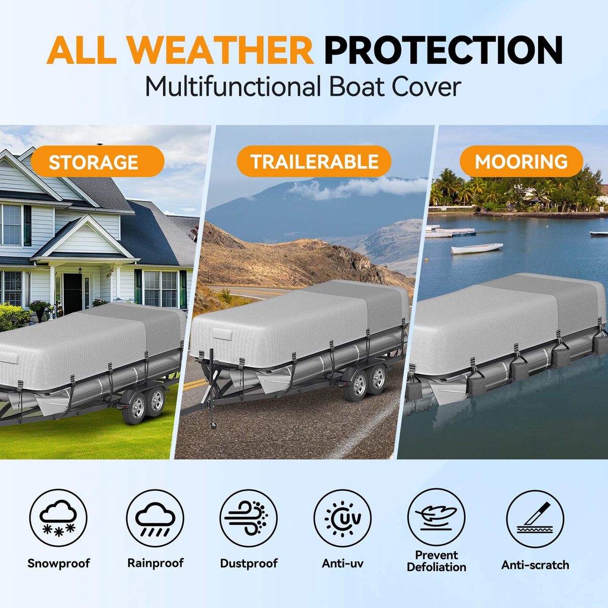 5-Ply 1600D+1200D Pontoon Boat Cover - Fully Waterproof & Ultra-Durable Tear-Resistant, with Large Storage Bag & Reinforced Windproof Straps (Fits 21'-24' Length, Up to 102" Beam Width)