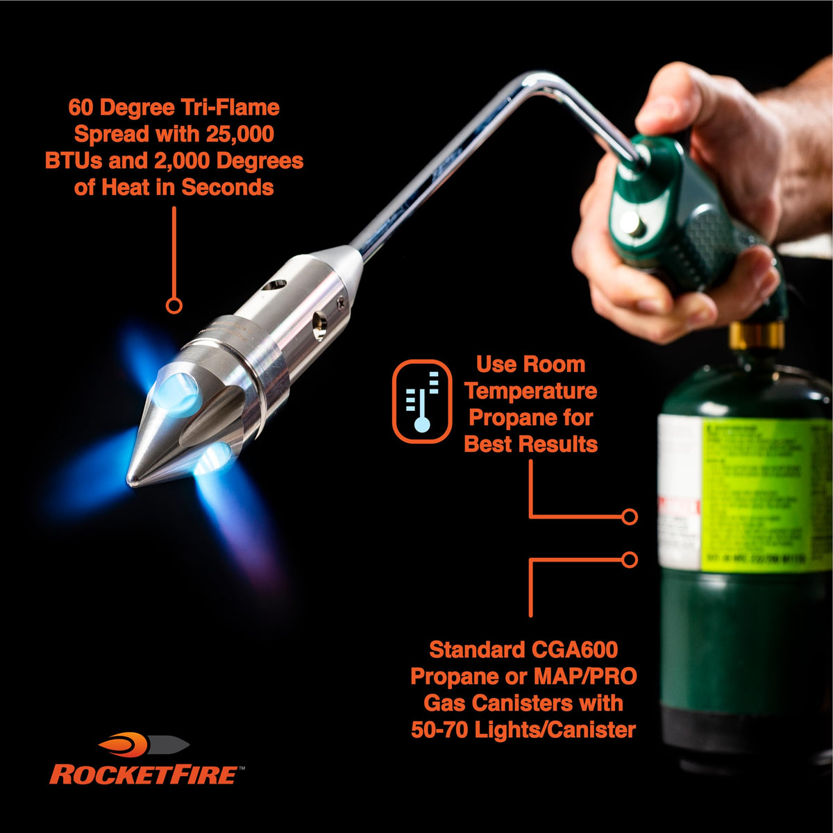 ROCKETFIRE Fire Starter Torch | Perfect Propane Torch Head, Grill Gun, Charcoal Torch | Compatible with Bernzomatic Propane & MAP/PRO Fuels | Tri-Flame Tip | Fuel NOT Included | Case Included | Black