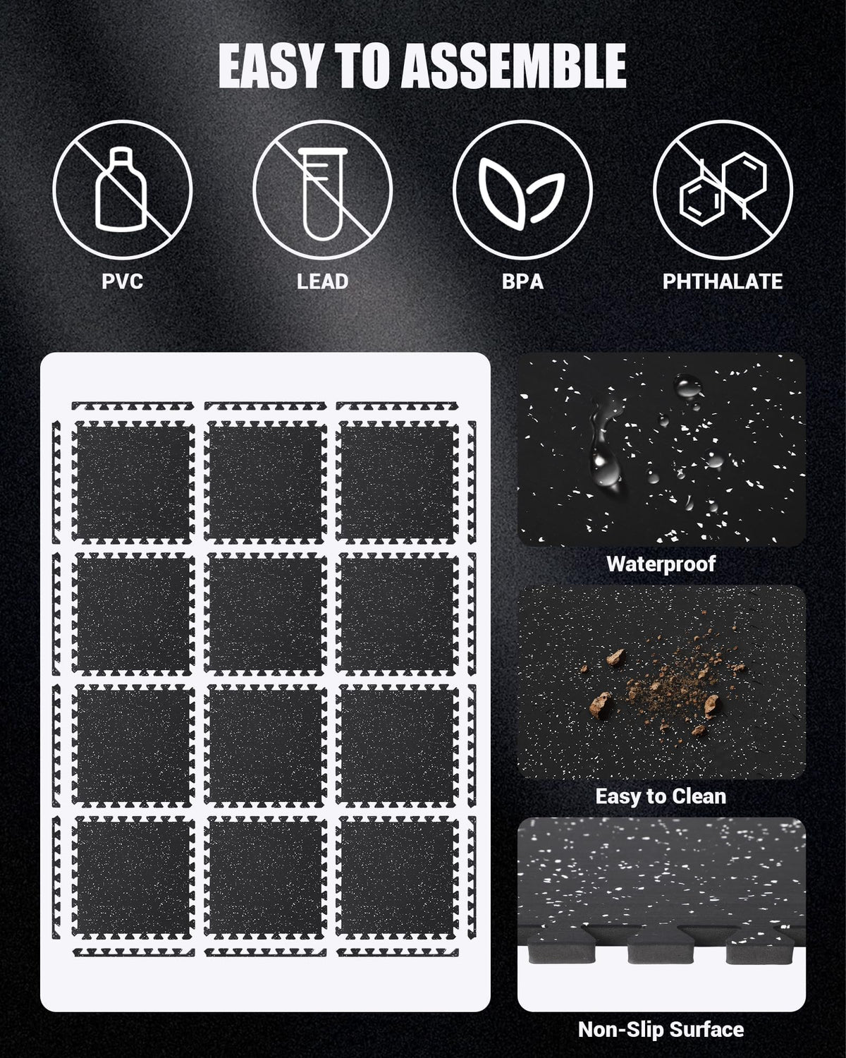 0.6" Thick Exercise Equipment Mats,36 Pcs 100 Sq Ft Interlocking Rubber & EVA Foam Gym Tiles, Soundproof Shock Absorbent Puzzle Flooring, Waterproof Heavy Duty for Home & Garage Gym