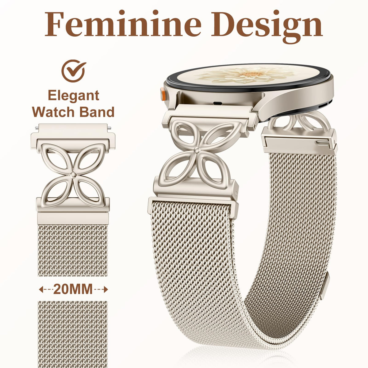 Getino Magnetic Metal Strap Compatible with Galaxy Watch 7 Band, Galaxy Watch 6 Classic Band FE 5 Pro 4 Active 2, 20mm Milanese Floral Dressy Wristband for Samsung Watch Bands Women 40mm 44mm 45mm