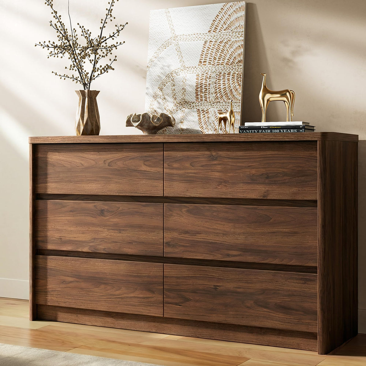 Now Mais 6 Drawer Walnut Dresser for Bedroom, 47.2" Wide Modern Chest of Drawers with 6 Large Storage Space with Curved Edge Design, Large Dresser for Bedroom,Walnut