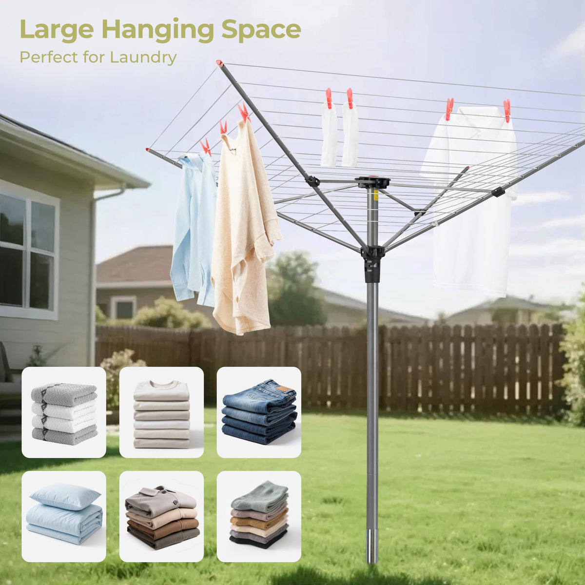 STORAGEIDEAS Outdoor Umbrella Drying Rack Rotary, Heavy Duty Retractable Clothesline with 4 Arm 12 Lines 164 Ft Hanging Space, Adjustable Clothes Drying Rack Portable Clothesline for Garden Backyard