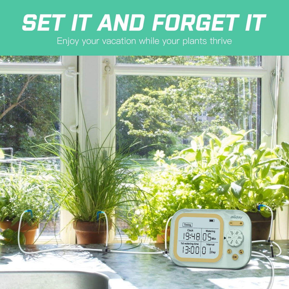 Automatic Plant Waterer Self Watering System Indoor for 15 Potted Plants Pack of 2, Auto Drip Irrigation Kit Programmable Water Timer w Smart Humidity Detection, Green