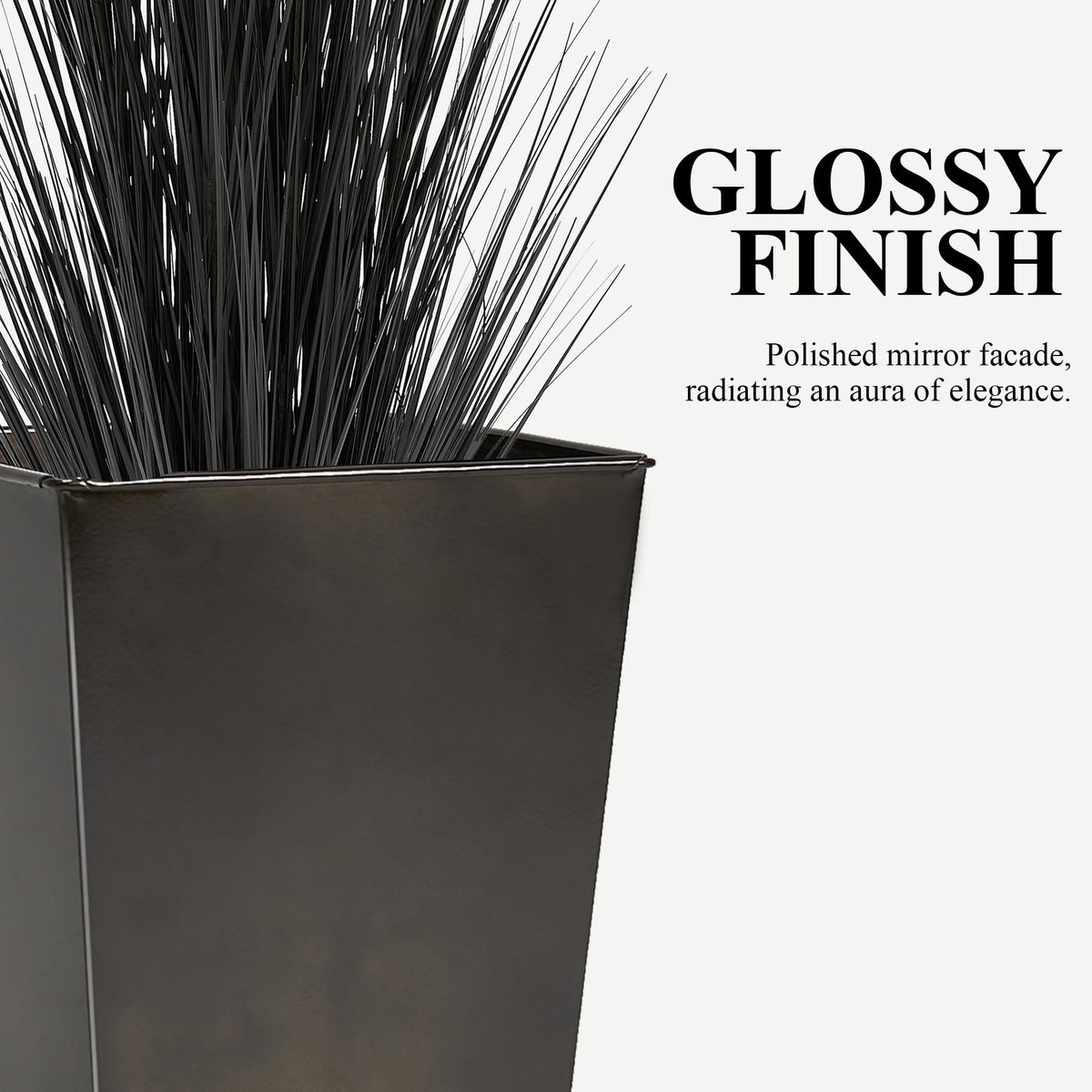 Worth Garden Large Metal Glazed Floor Planter Set of 2-14" Dia x 18" H - Luxurious Glossy Finish Black Tall Square Tapered Steel Plant Pots, Decor Flower Pot Indoor & Outdoor, Drainage Hole