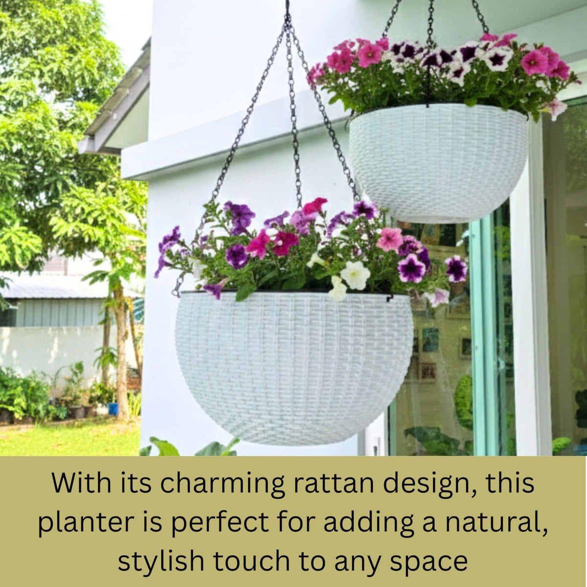 LaLaGreen Bundle- 4 Pack, 11 Inch Self Watering Hanging Basket + 2 Pack, 14 Inch White Rectangular Planter Window Flower Box with Bracket Round Plant Pots Outdoor Balcony Patio Porch Deck Garden Decor