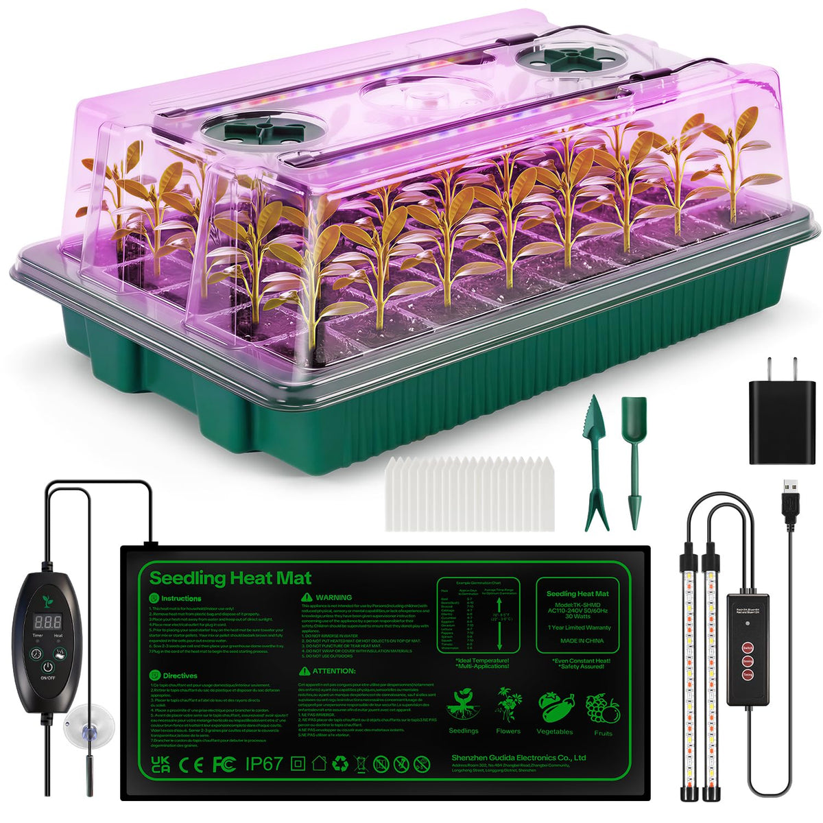 Qmioti Seed Starter Tray with Grow Light & Heating Mat, Digital Temperature Control, 40-Cell Seed Starter Kit with Humidity Dome, Reusable Seed Starter for Indoor Planting Seeds