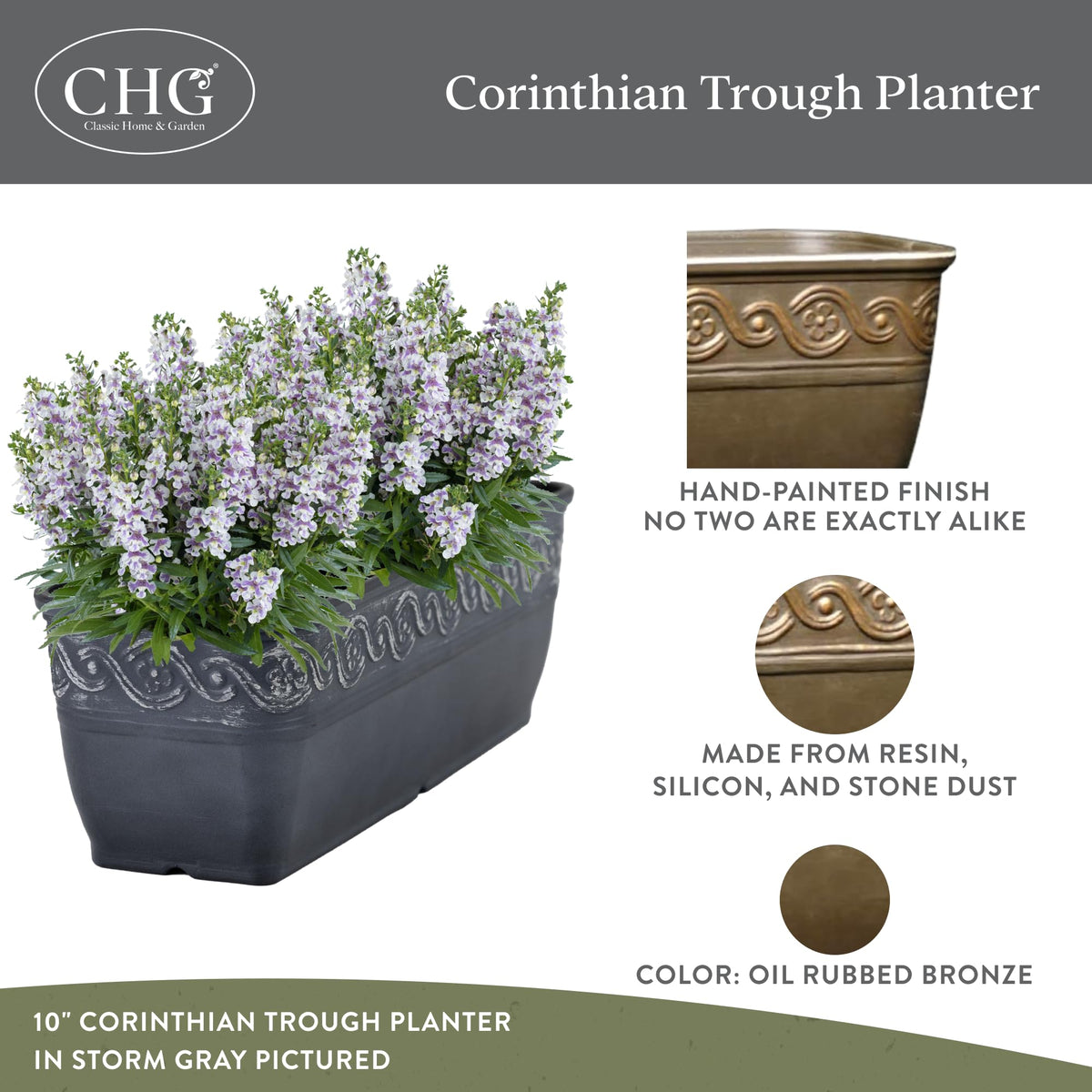 Classic Home and Garden Corinthian Rectangular Planter Box w/Drain Plug - Long Planter for Window Sills & More - Window Box Planters for Herbs & Flowers (18” Oil Rubbed Bronze)