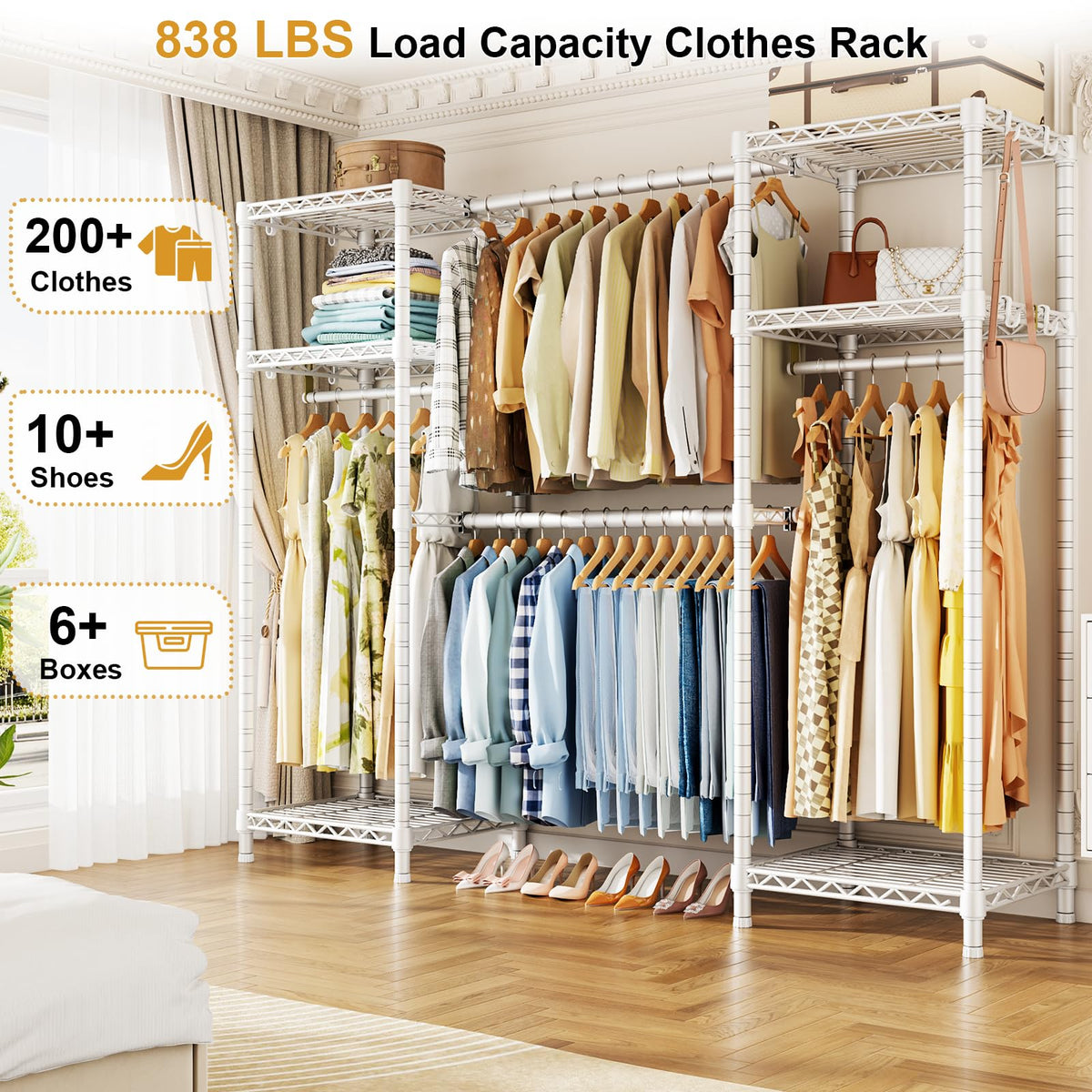 Ulif E7 Heavy Duty Garment Rack, Clothes Organizer and Storage Rack with Expandable Hangers, Metal Clothing Rack with 6 Wire Shelves, (52.3"-72") W x 14.5" D x 71.2" H, Load 838 LBS, White