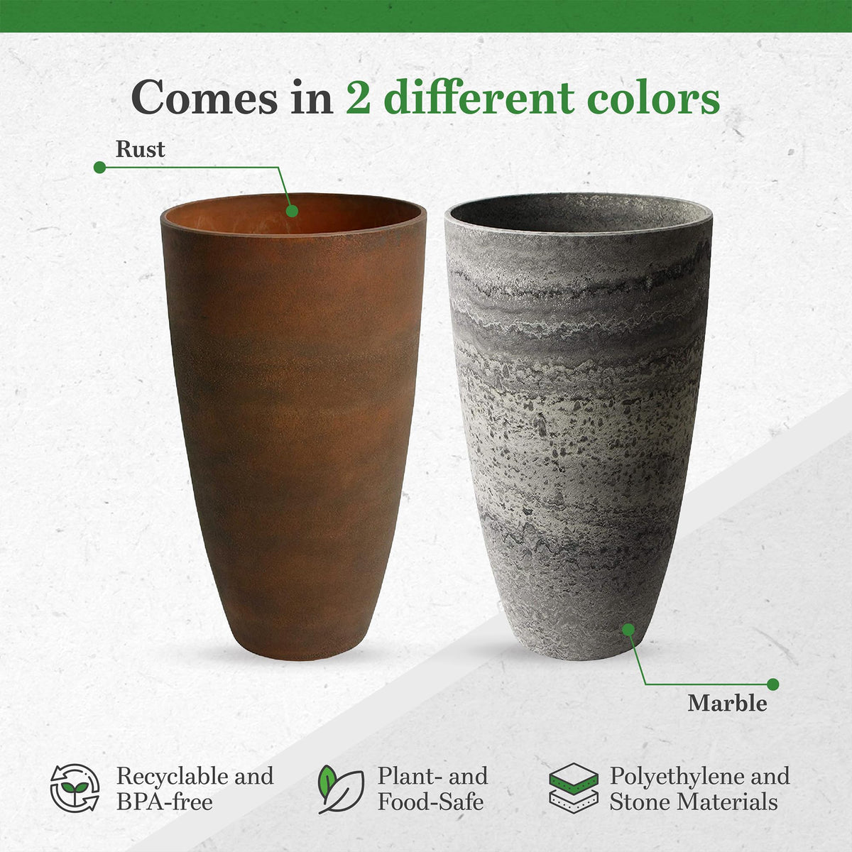 Algreen Products Acerra Composite Vase Planter with Drainage Hole, Decorative Texture, Removable Plug for Lawn and Garden, Marble