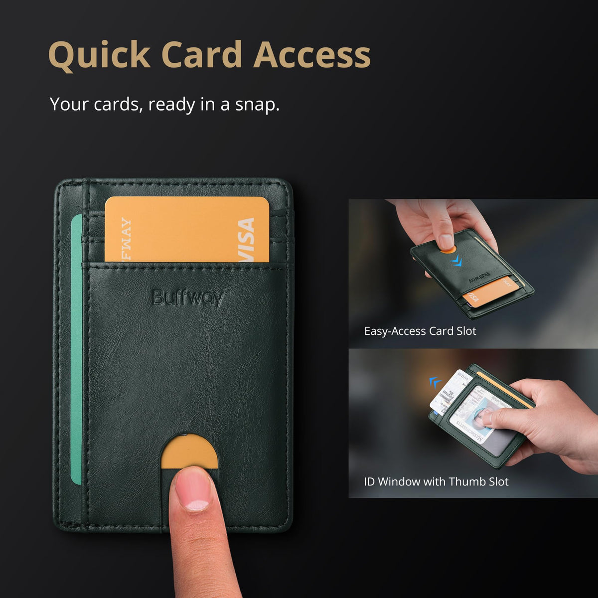 Buffway Slim Minimalist Front Pocket RFID Blocking Leather Wallets for Men and Women - Alaska Green
