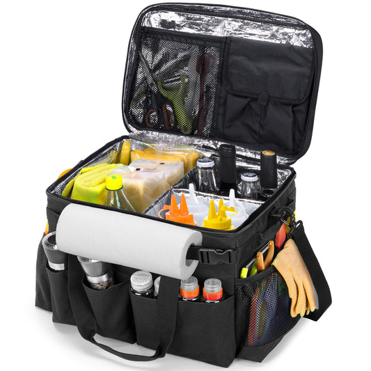 HODRANT Large Grill Caddy with Lid, BBQ and Picnic Bag Organizer with Paper Towel Holder, Tailgating Accessories Basket for Barbecue Utensil & Camping Gear Must Haves, Black, Bag Only