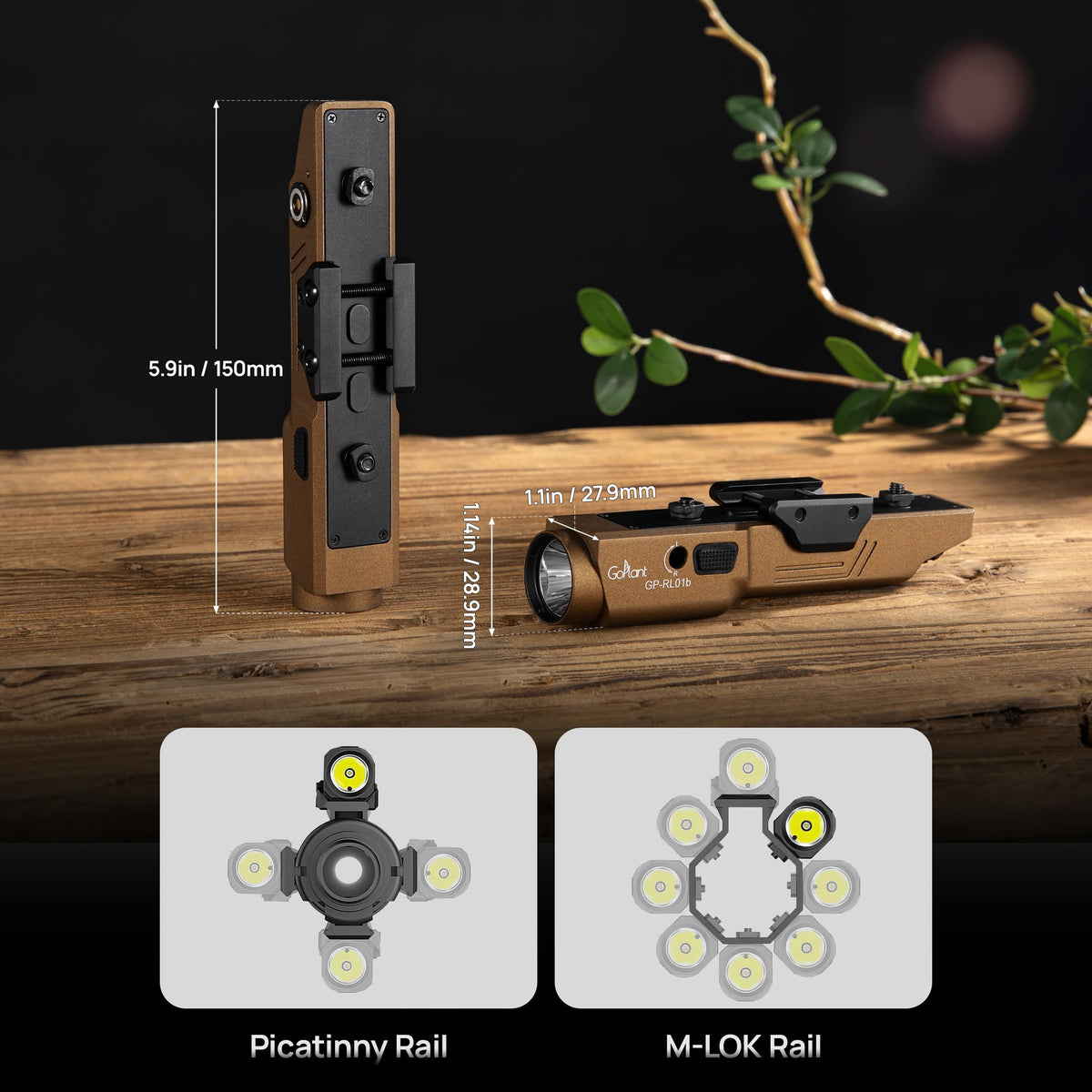 GOPLANT 2500 Lumen Aluminum Alloy Rifle Laser Light Combo, 2.5 Hours Long Runtime AR15 Weapon Light and Green Laser, Picatinny Rail MLOK Mounted LED Tactical Flashlight (Desert Tan)