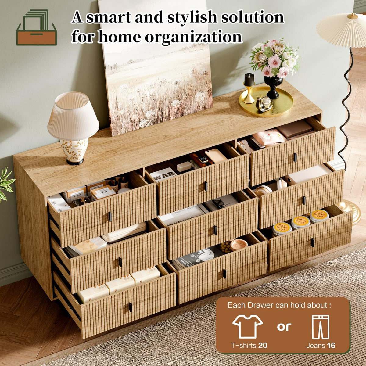 Chrangmay Modern Chest of Drawers with 9 Drawers,Deep Drawers,Clothes Organizer,Large Storage Cabinet for Living Room, Bedroom,Hallway,with Anti-Tipping Device, Oak