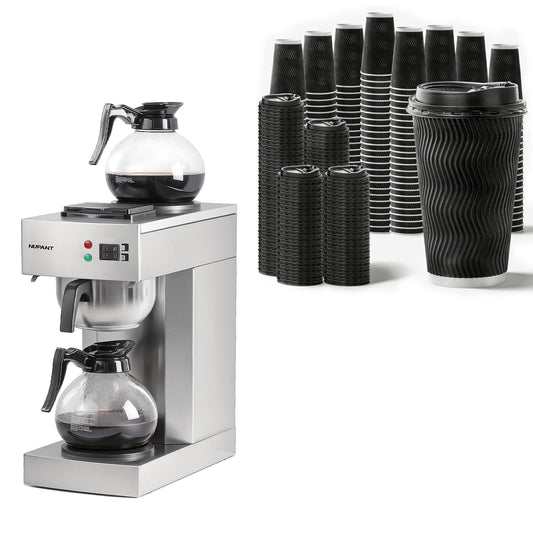 NUPANT 12-Cup Coffee Maker 1.8L Commercial Drip Coffee Maker + 200-Pack 16oz Insulated Paper Cups with Lids | Complete Pour Over Coffee Serving Bundle for Coffee Bar, Restaurant & Catering