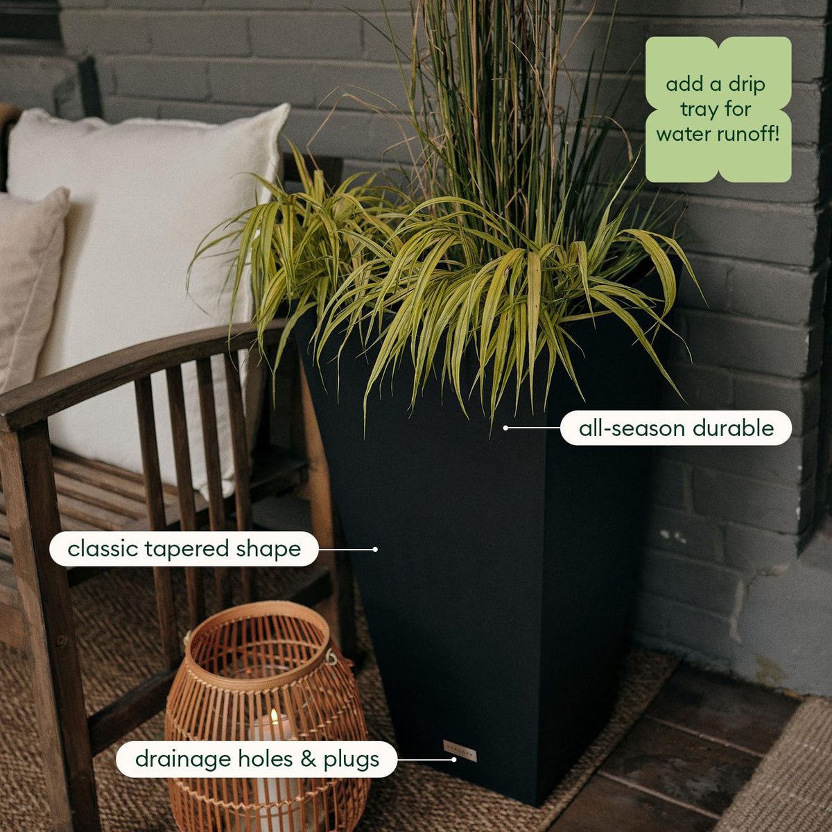 Veradek V-Resin Indoor/Outdoor Taper Planter, Set of 2 (30 inch, Black)