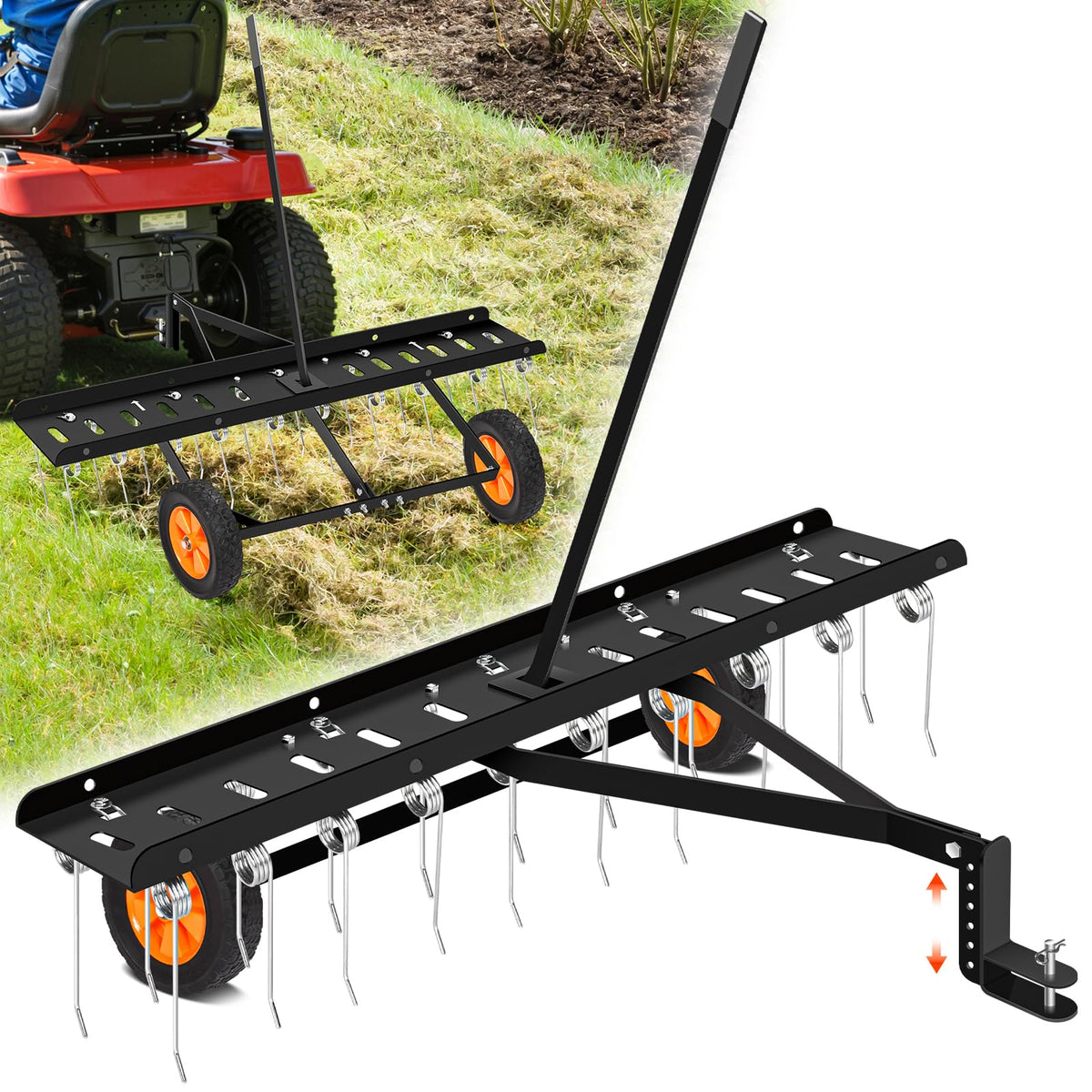AugFir 48-Inch Tow Behind Dethatcher, Pull Behind Lawn Dethatcher with 20 Spring Steel Tines, Lawn Sweeper Garden Aerator Grass Tractor Rake, Adjustable Hitch Riding Lawn Mower Tractor Attachment